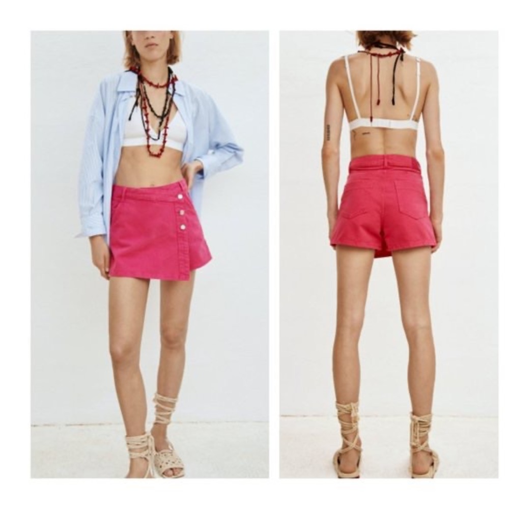 Zara‎ Buttoned Skort Denim Jean Shorts Faux Wrap Skirt High Rise Dark Pink NWT M